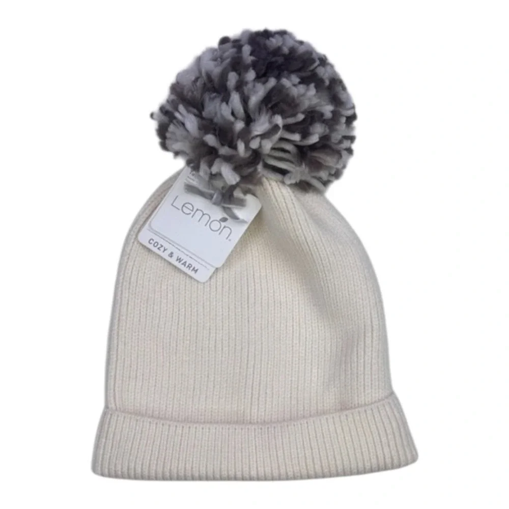 Lemon Cream Ribbed Knit Pom Beanie Hat One Size NWT